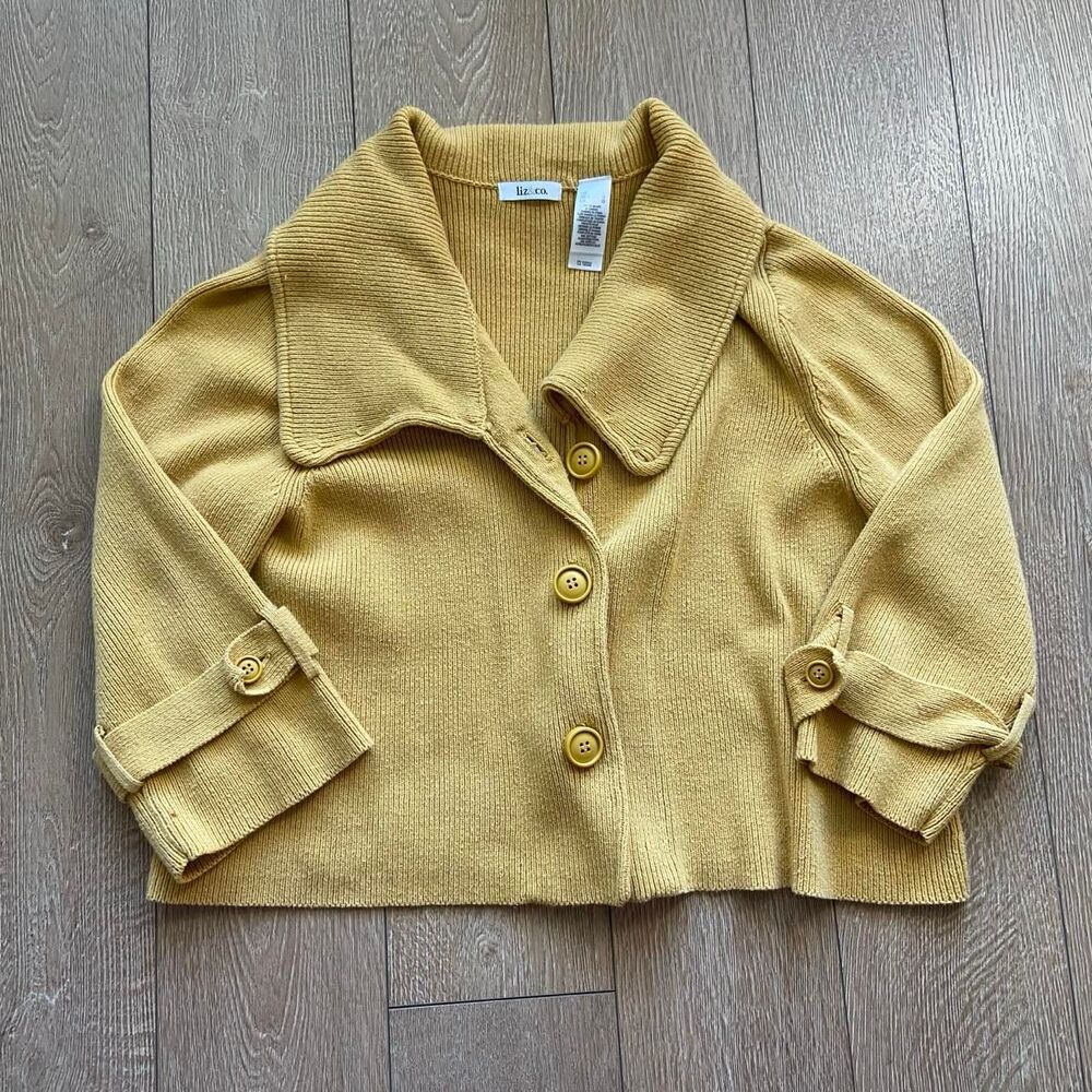 Vintage Y2K Liz & Co Chunky Knit Cardigan Sweater Mustard Yellow Wide Collar L